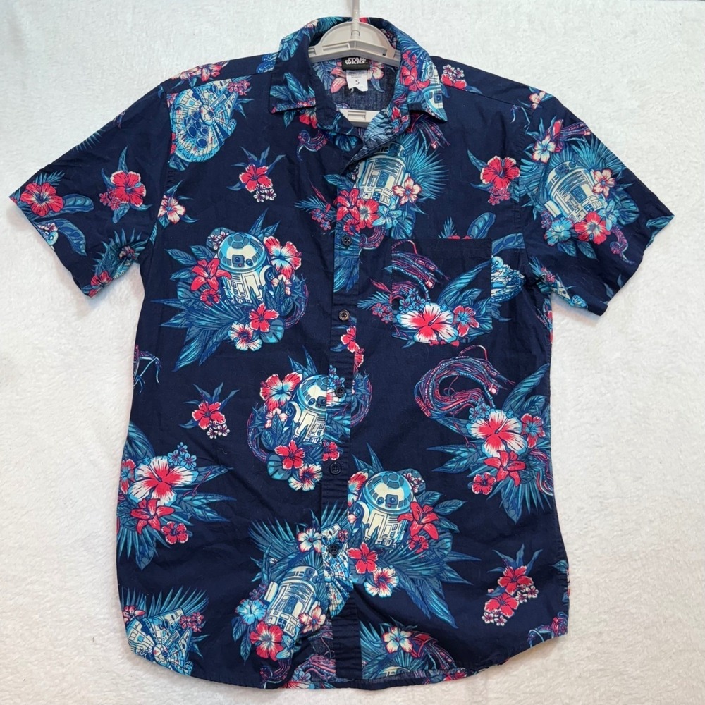 Star Wars Button Down Shirt Mens Small Blue R2-D2 Millennium Falcon Aloha Floral